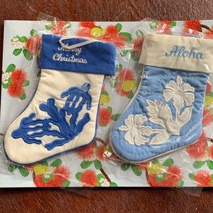 Hawaiian Blue Embroidered Merry Christmas Mini Stockings.